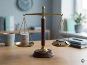 Tafelweegschaal met payroll- en persoonlijke munten in rustig kantoor, symbool voor loonadministratie en balans
