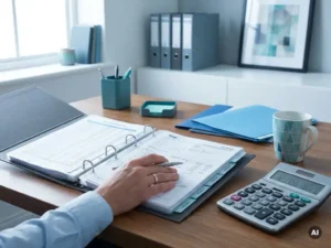Open ringband met payroll-documenten en rekenmachine op accountantsbureau, hand controleert papieren voor belastinginspectie