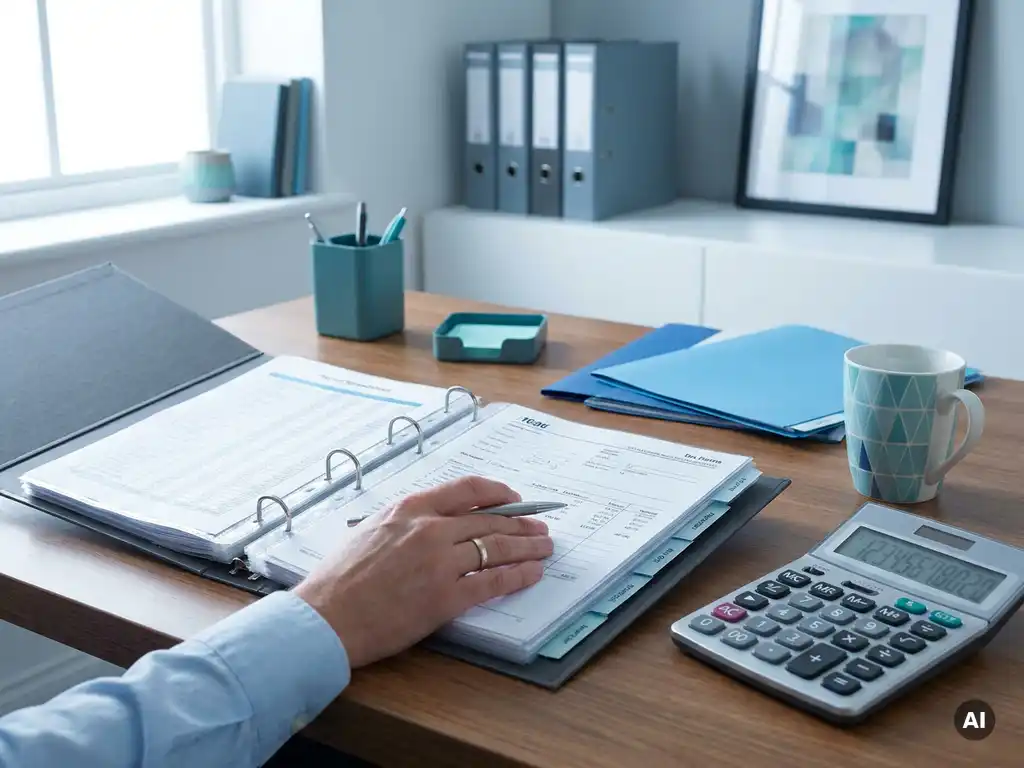 Open ringband met payroll-documenten en rekenmachine op accountantsbureau, hand controleert papieren voor belastinginspectie