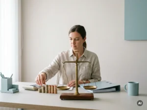 Werkgever ordent loonadministratie met muntrollen, rekenmachine en weegschaal op strak bureau in kantoor.