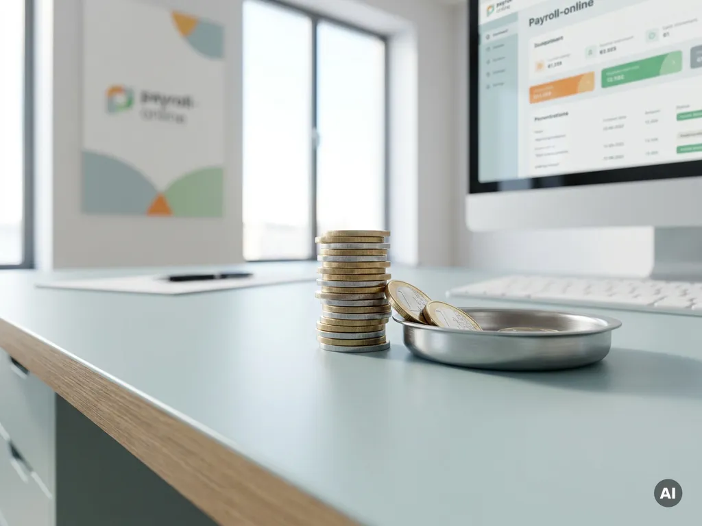 Geordende stapel munten op strak bureau, met munten in metalen schaal, symbool voor payroll inhouding en verdeling.