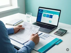 Loonstrook en salarisdocumenten op modern bureau, HR-medewerker controleert bedragen naast laptop en rekenmachine.