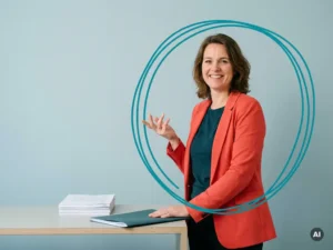 Zelfverzekerde mkb-adviseur naast kleine stapel documenten in studio, open houding, minder administratie, veel witruimte