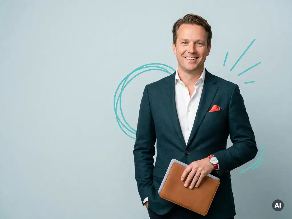 Zelfverzekerde Nederlandse mkb-ondernemer met laptopmap in studio, vriendelijke glimlach en rustige blauwe achtergrond