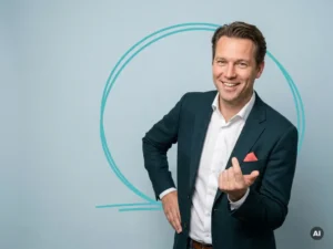 Zelfverzekerde Nederlandse mkb-ondernemer in studio, glimlachend in smart-casual, met ruimte links voor content