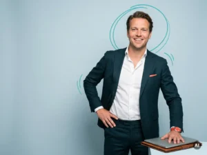 Zelfverzekerde Nederlandse mkb-ondernemer met laptopmap in studio, symbool voor georganiseerde backoffice-ondersteuning