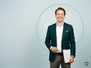 Zelfverzekerde Nederlandse mkb-ondernemer met documenten, smart casual in studio, transparante backoffice dienstverlening
