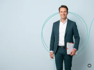 Nederlandse mkb-ondernemer met documentenmap in studio, professioneel en toegankelijk voor backoffice-ontzorging
