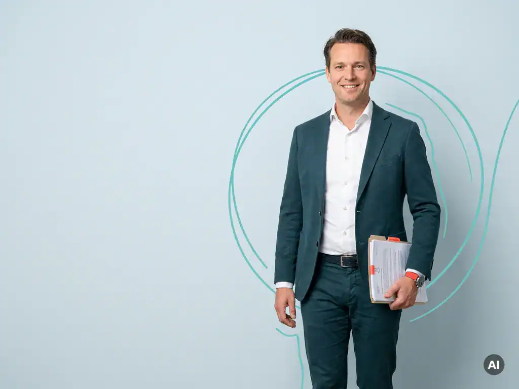 Nederlandse mkb-ondernemer met documentenmap in studio, professioneel en toegankelijk voor backoffice-ontzorging