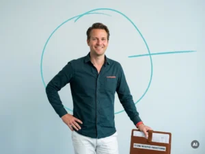 Zelfverzekerde Nederlandse mkb-ondernemer met documentenmap in minimalistische studio, symbool voor backoffice-ondersteuning