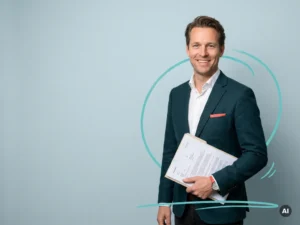 Zelfverzekerde Nederlandse mkb-ondernemer met documentenmap in studio, backoffice ontzorging en copyspace links