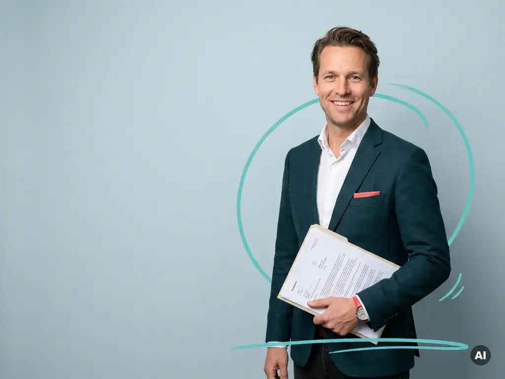 Zelfverzekerde Nederlandse mkb-ondernemer met documentenmap in studio, backoffice ontzorging en copyspace links
