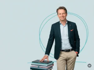 Vriendelijke Nederlandse mkb-ondernemer naast dossiers en laptop in studio, symbool voor uitbestede backoffice】【。
