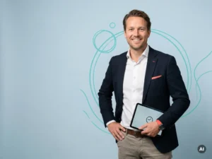 Vriendelijke Nederlandse mkb-ondernemer met tablet, glimlachend in studio, met ruimte links voor campagne of website