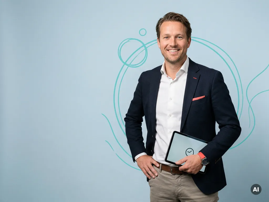 Vriendelijke Nederlandse mkb-ondernemer met tablet, glimlachend in studio, met ruimte links voor campagne of website