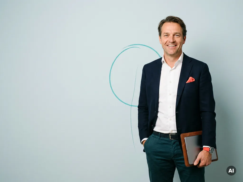 Zelfverzekerde Nederlandse mkb-ondernemer met tablet in studio, glimlachend op lichtblauwe achtergrond met ruimte links