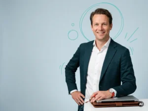 Zelfverzekerde Nederlandse mkb-ondernemer in smart casual met laptopmap, glimlachend in rustige studio met lege ruimte links
