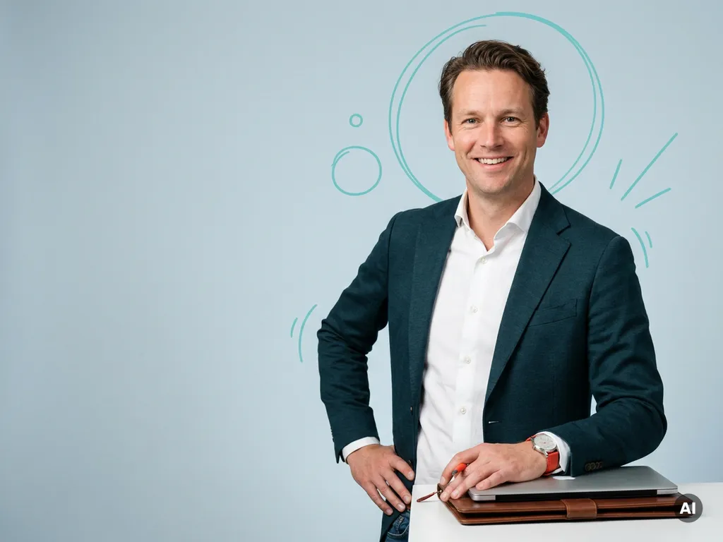 Zelfverzekerde Nederlandse mkb-ondernemer in smart casual met laptopmap, glimlachend in rustige studio met lege ruimte links