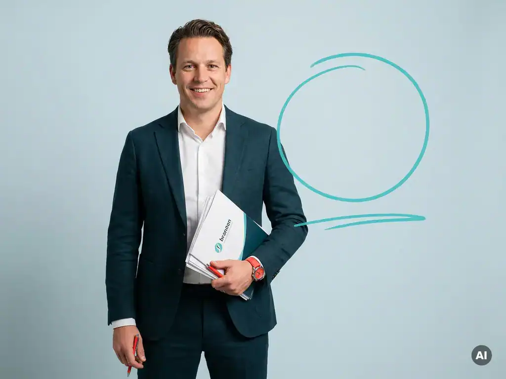 Zelfverzekerde Nederlandse mkb-ondernemer met documenten in studio, symbool voor schaalbare HR-ondersteuning