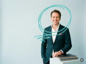 Zelfverzekerde Nederlandse mkb-ondernemer in studio met ordners en laptop, symbool voor georganiseerde groei