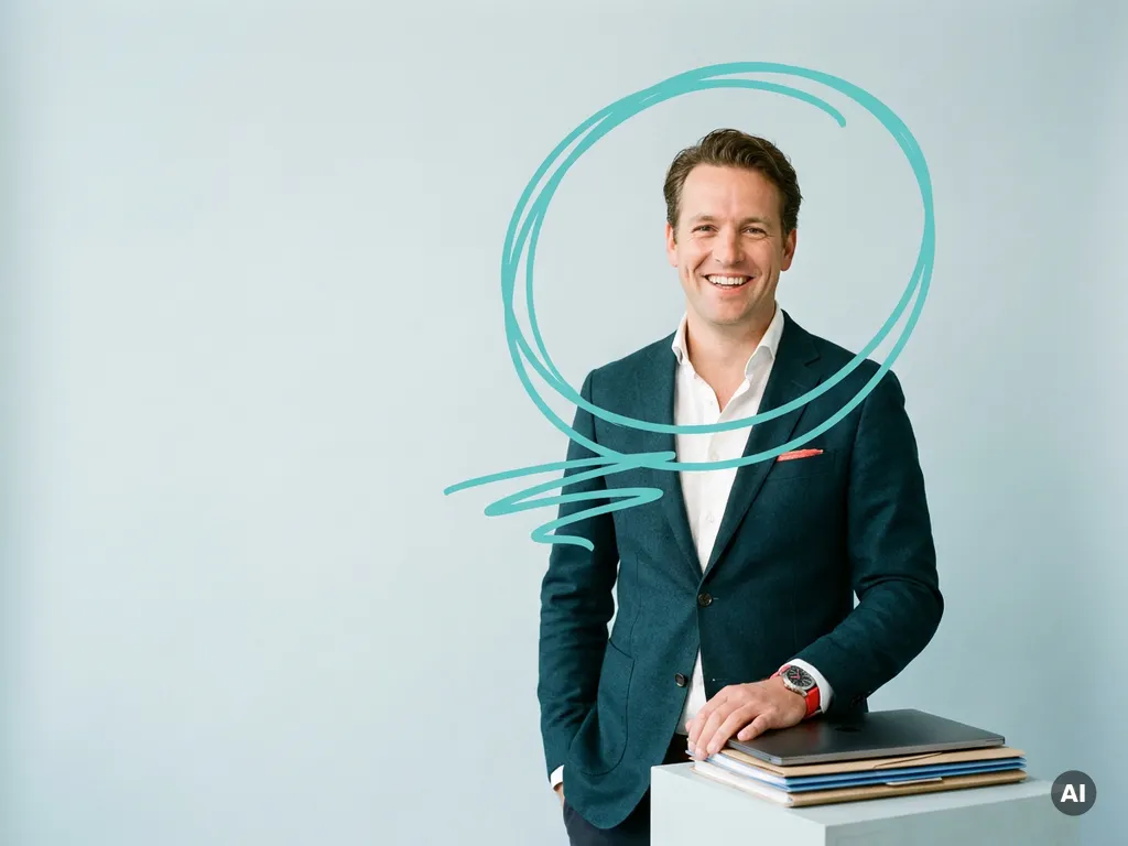 Zelfverzekerde Nederlandse mkb-ondernemer in studio met ordners en laptop, symbool voor georganiseerde groei