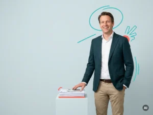 Nederlandse mkb-ondernemer naast documenten en rekenmachine, in studio met ruimte voor tekst, professioneel en toegankelijk