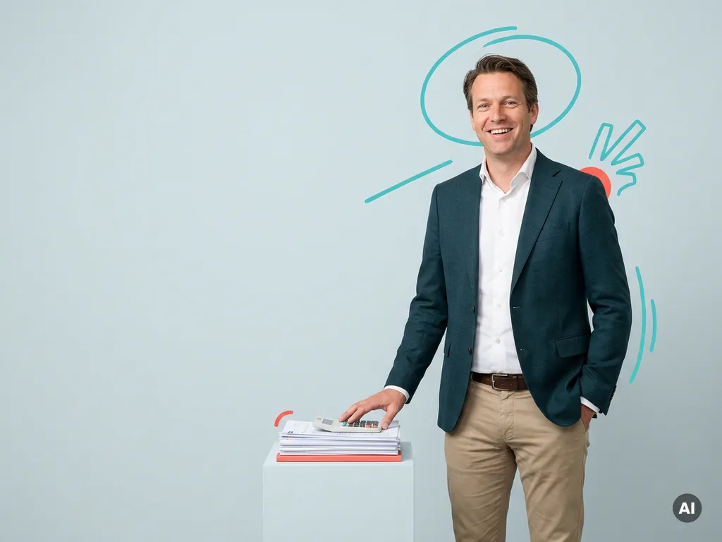 Nederlandse mkb-ondernemer naast documenten en rekenmachine, in studio met ruimte voor tekst, professioneel en toegankelijk