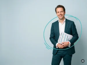 Vriendelijke Nederlandse mkb-ondernemer met loonstrook en papieren in studio, rustige payroll-campagne met copyspace