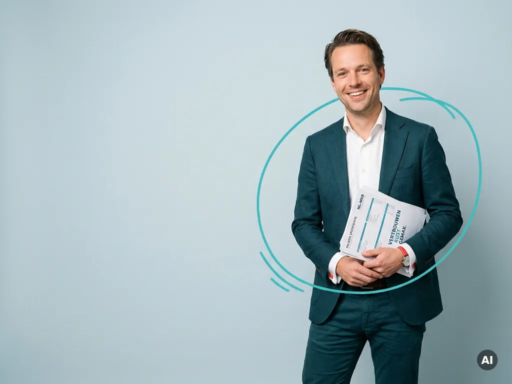 Vriendelijke Nederlandse mkb-ondernemer met loonstrook en papieren in studio, rustige payroll-campagne met copyspace