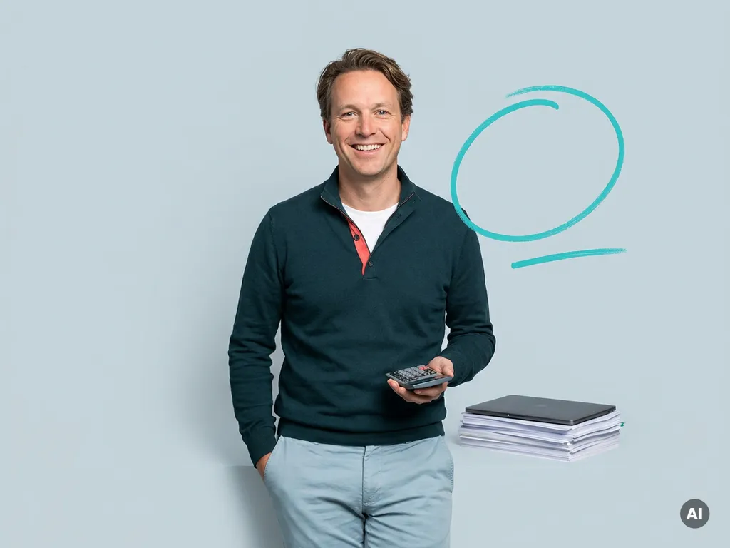 Vriendelijke Nederlandse mkb-ondernemer met rekenmachine, documenten en laptop in studio, symbool voor maandelijkse kosten