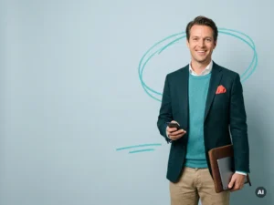 Zelfverzekerde Nederlandse mkb-ondernemer met smartphone en tablet op lichtblauwe studioachtergrond met copyspace