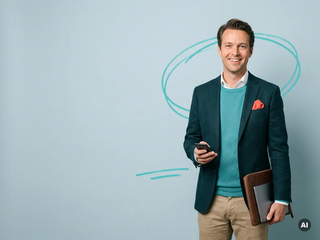 Zelfverzekerde Nederlandse mkb-ondernemer met smartphone en tablet op lichtblauwe studioachtergrond met copyspace
