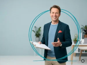 Nederlandse mkb-ondernemer met clipboard, glimlachend in rustige studio, straalt ontzorging en medewerkerstevredenheid uit