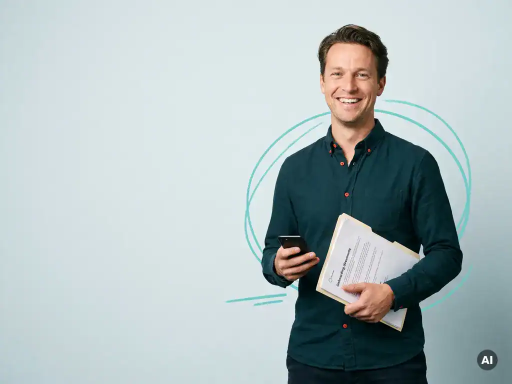 Zelfverzekerde Nederlandse mkb-ondernemer met onboardingmap en smartphone, rechts in studio met lege ruimte links.