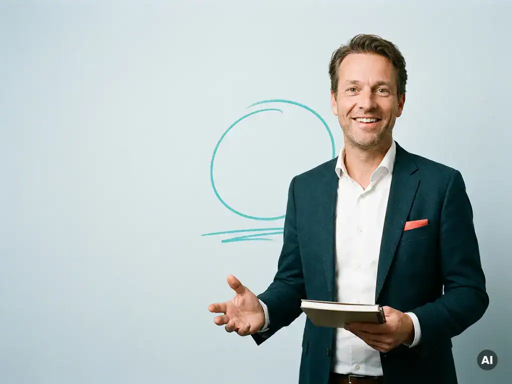 Zelfverzekerde Nederlandse mkb-ondernemer met notitieboek, open houding op lichtblauwe studioachtergrond met ruimte links