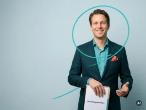 Vriendelijke Nederlandse mkb-ondernemer met map voor ontwikkelgesprekken in studio, open glimlach en rustige uitstraling