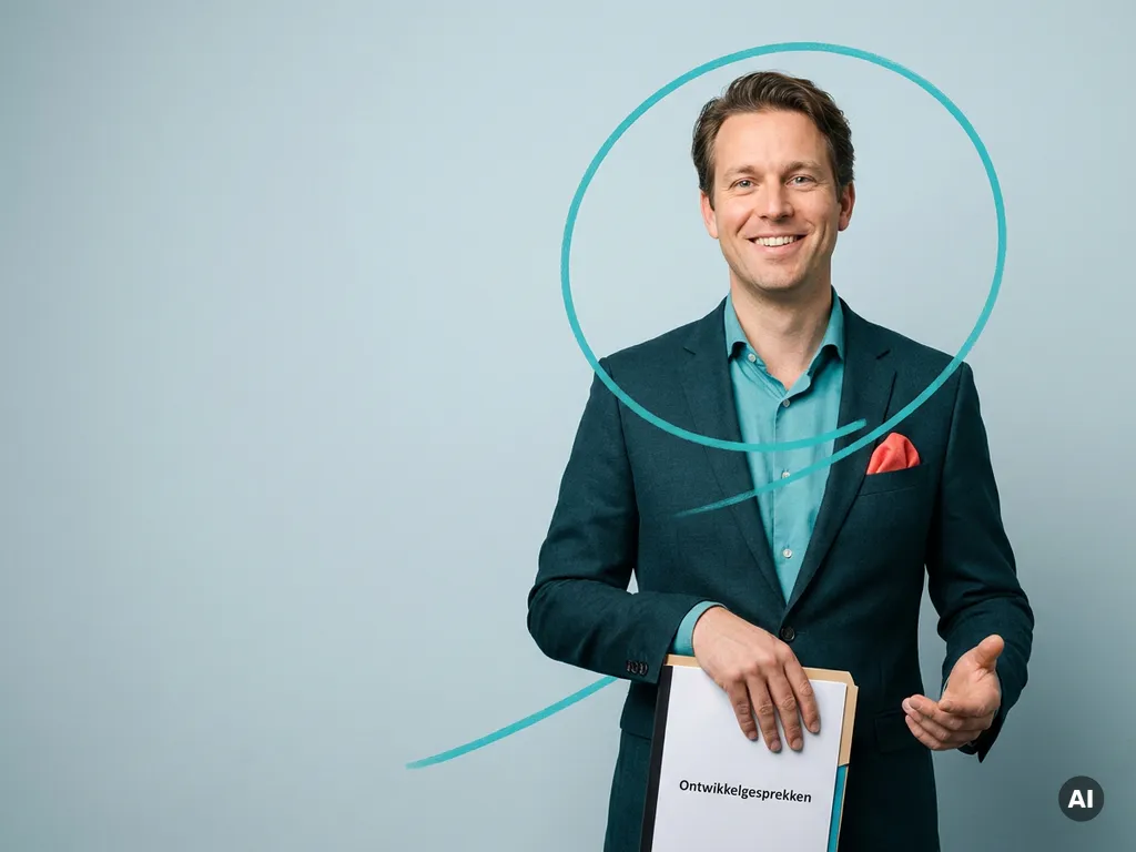 Vriendelijke Nederlandse mkb-ondernemer met map voor ontwikkelgesprekken in studio, open glimlach en rustige uitstraling