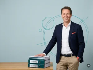 Zelfverzekerde mkb-ondernemer naast ordners en documenten over loonkosten en payroll, in lichte studio met veel witruimte