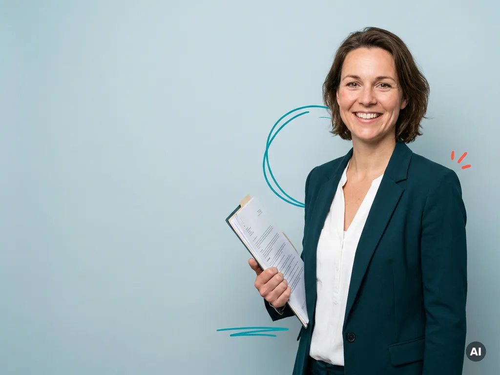 Zelfverzekerde Nederlandse mkb-ondernemer met documenten, rechts in beeld, voor personeelsadministratie op lichtblauwgrijs