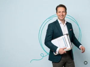 Vriendelijke mkb-ondernemer met map, glimlachend in studio, symbool voor zorgeloze personeelsadministratie