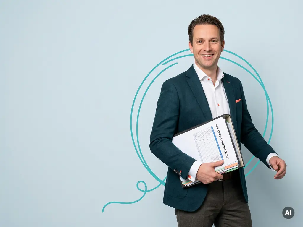 Vriendelijke mkb-ondernemer met map, glimlachend in studio, symbool voor zorgeloze personeelsadministratie