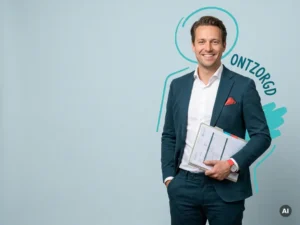 Zelfverzekerde mkb-ondernemer met documentenmap in studio, symbool voor ontzorgde personeelsadministratie