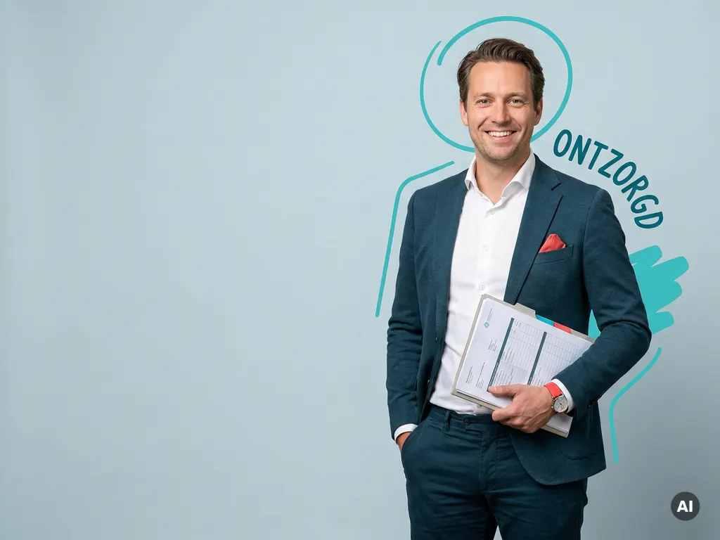 Zelfverzekerde mkb-ondernemer met documentenmap in studio, symbool voor ontzorgde personeelsadministratie