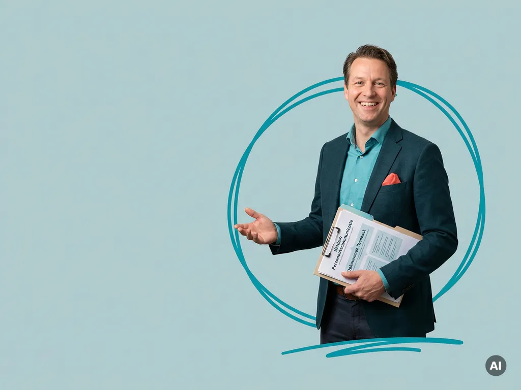 Vriendelijke Nederlandse mkb-ondernemer met map en papieren, glimlachend in studio, symbool voor personeelscommunicatie