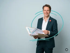 Zelfverzekerde mkb-ondernemer met personeelsdossiers en roosters, in studio op licht blauwgrijze achtergrond.