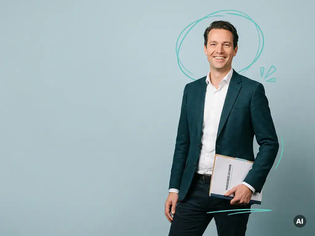 Nederlandse mkb-ondernemer met personeelsmap in studio, vriendelijk en professioneel, met ruimte voor tekst