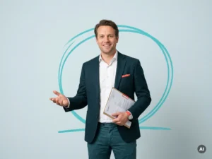 Nederlandse mkb-ondernemer met personeelsdocumenten, uitnodigend gebaar en rustige glimlach in minimalistische studio