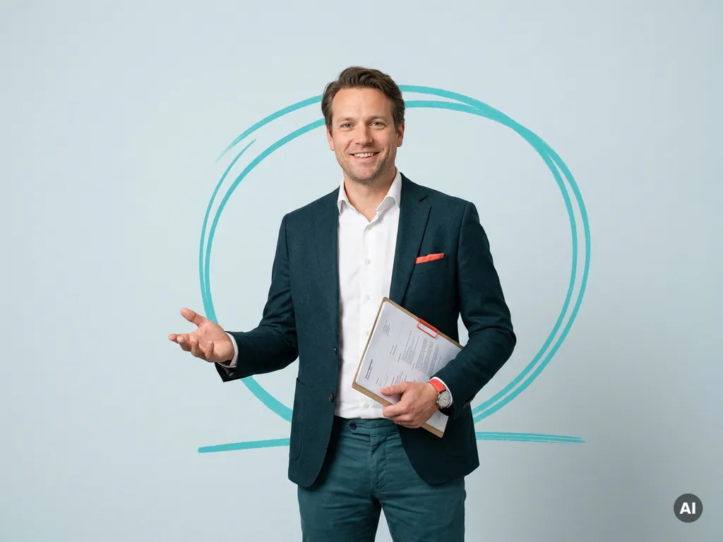 Nederlandse mkb-ondernemer met personeelsdocumenten, uitnodigend gebaar en rustige glimlach in minimalistische studio