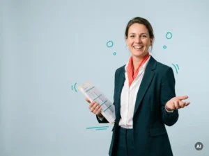 Vriendelijke Nederlandse mkb-ondernemer met personeelsdocumenten, rechts in beeld op lichtblauwe studioachtergrond.