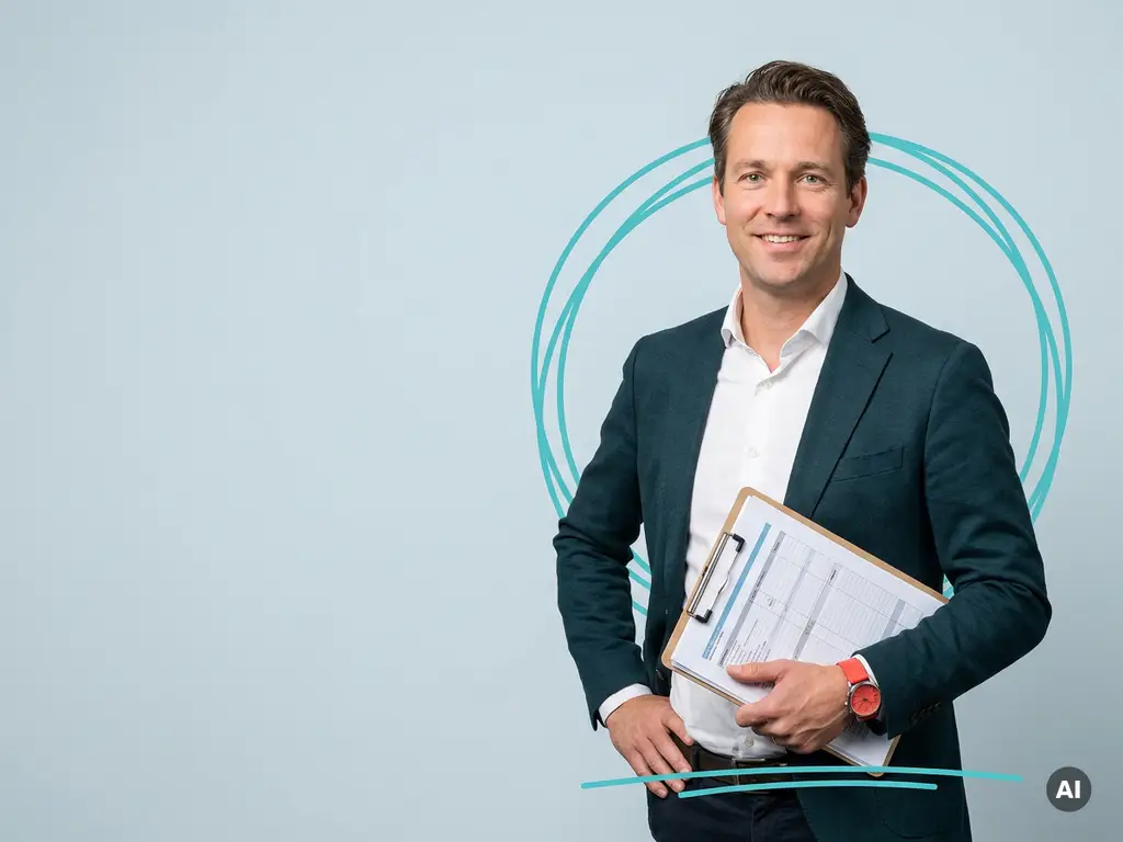 Zelfverzekerde mkb-ondernemer met map en glimlach, rechts in beeld op lichtblauwe studioachtergrond met ruimte links